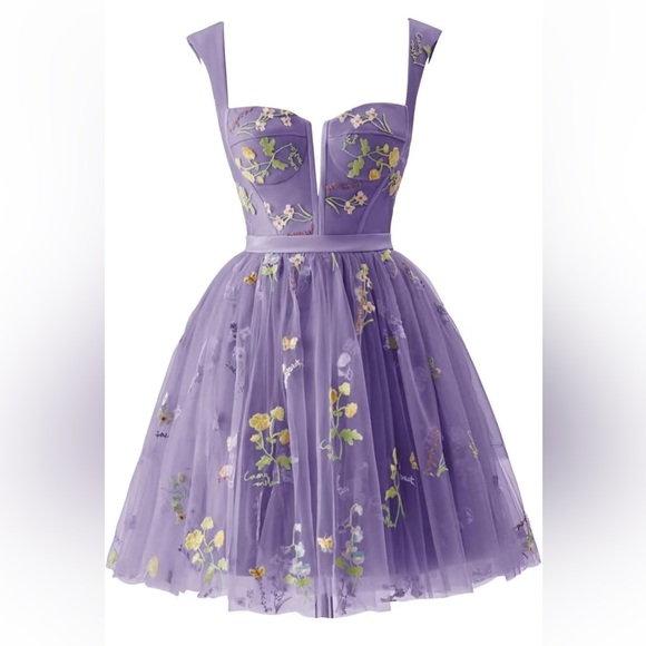 Lavender Blue Floral Embroidery Tulle Formal Dress Mini Length Homecoming 18 - Picture 5 of 13